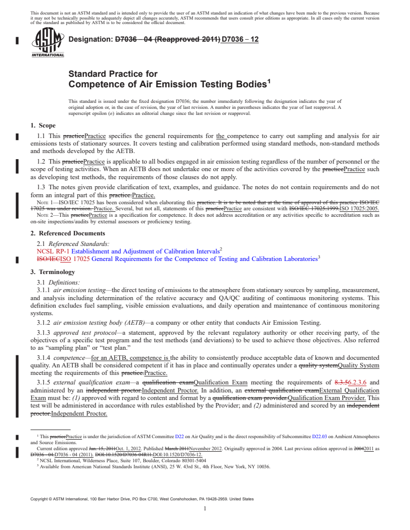 REDLINE ASTM D7036-12 - Standard Practice for  Competence of Air Emission Testing Bodies