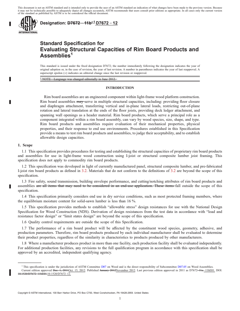 REDLINE ASTM D7672-12 - Standard Specification for Evaluating Structural Capacities of Rim Board Products and Assemblies