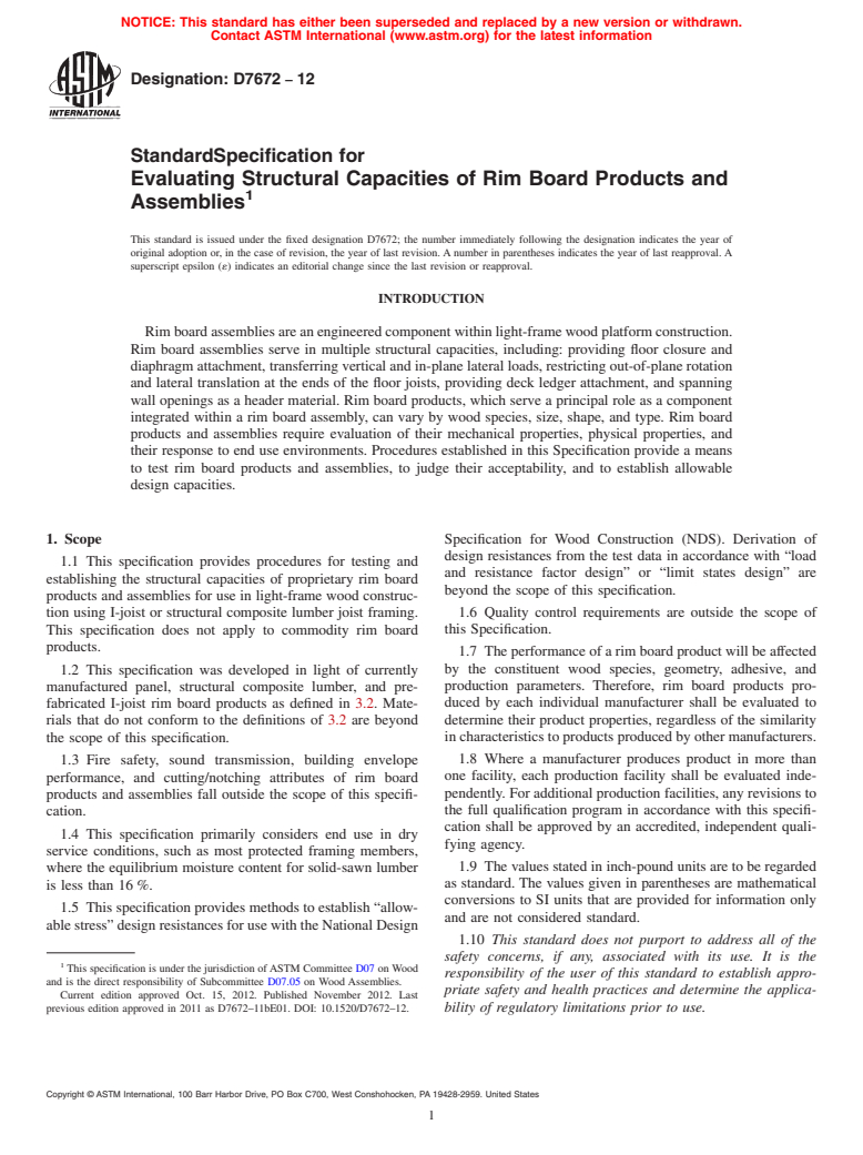 ASTM D7672-12 - Standard Specification for Evaluating Structural Capacities of Rim Board Products and Assemblies