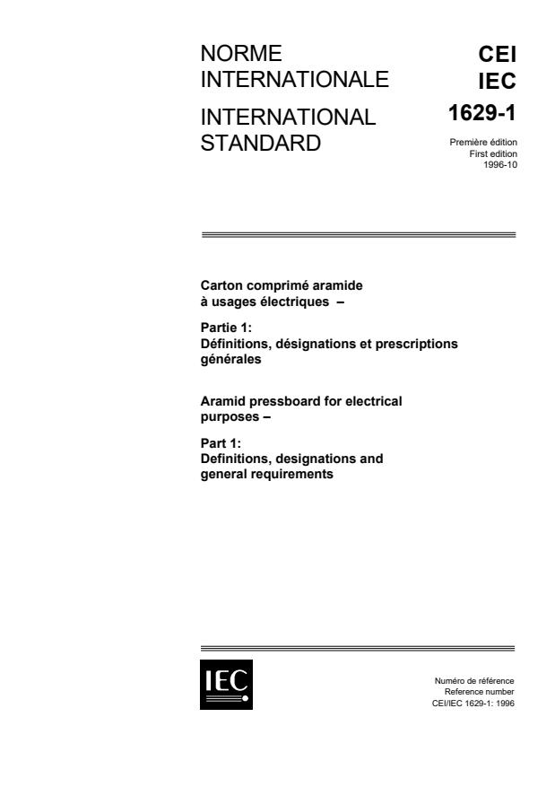 IEC 61629-1:1996 - Aramid pressboard for electrical purposes - Part 1: Definitions, designations and general requirements
