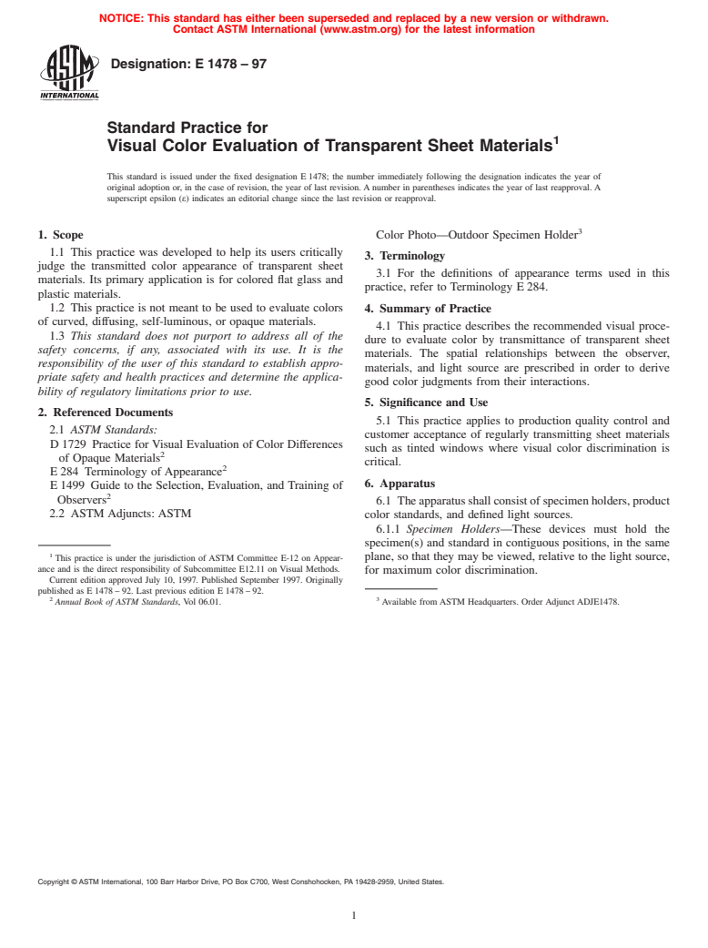 ASTM E1478-97 - Standard Practice for Visual Color Evaluation of Transparent Sheet Materials