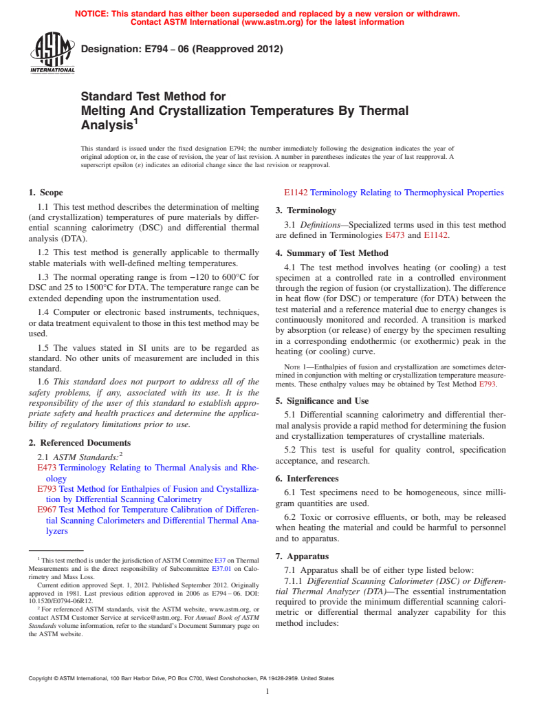 ASTM E794-06(2012) - Standard Test Method for  Melting And Crystallization Temperatures By Thermal Analysis