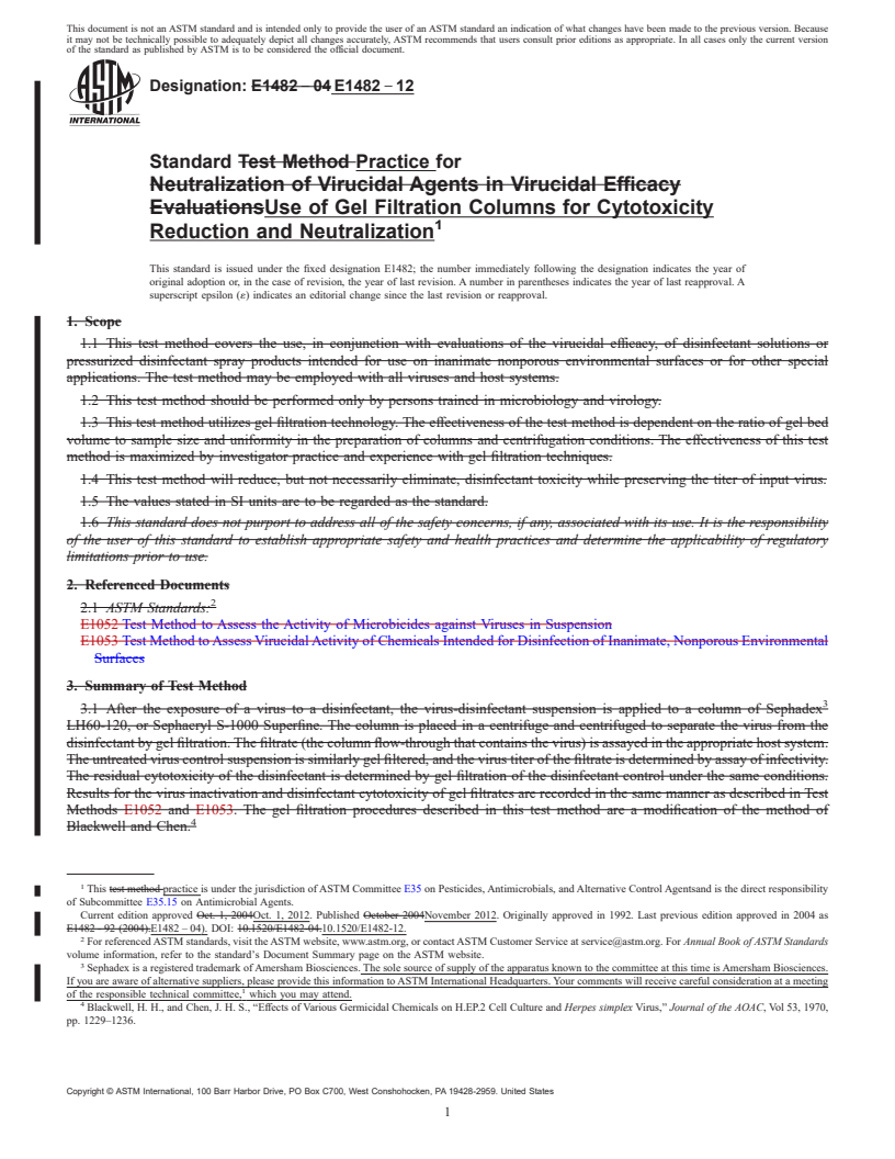 REDLINE ASTM E1482-12 - Standard Practice for  Use of Gel Filtration Columns for Cytotoxicity Reduction and  Neutralization