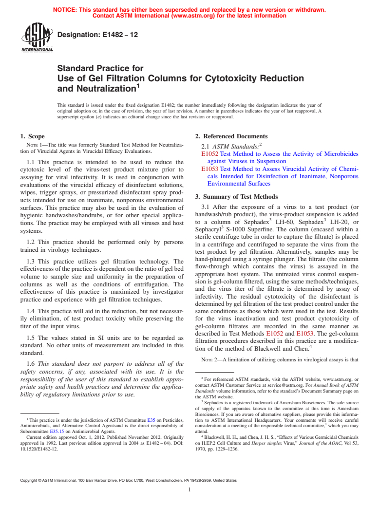 ASTM E1482-12 - Standard Practice for  Use of Gel Filtration Columns for Cytotoxicity Reduction and  Neutralization