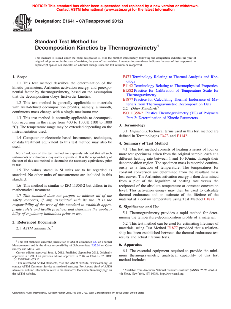 ASTM E1641-07(2012) - Standard Test Method for  Decomposition Kinetics by Thermogravimetry