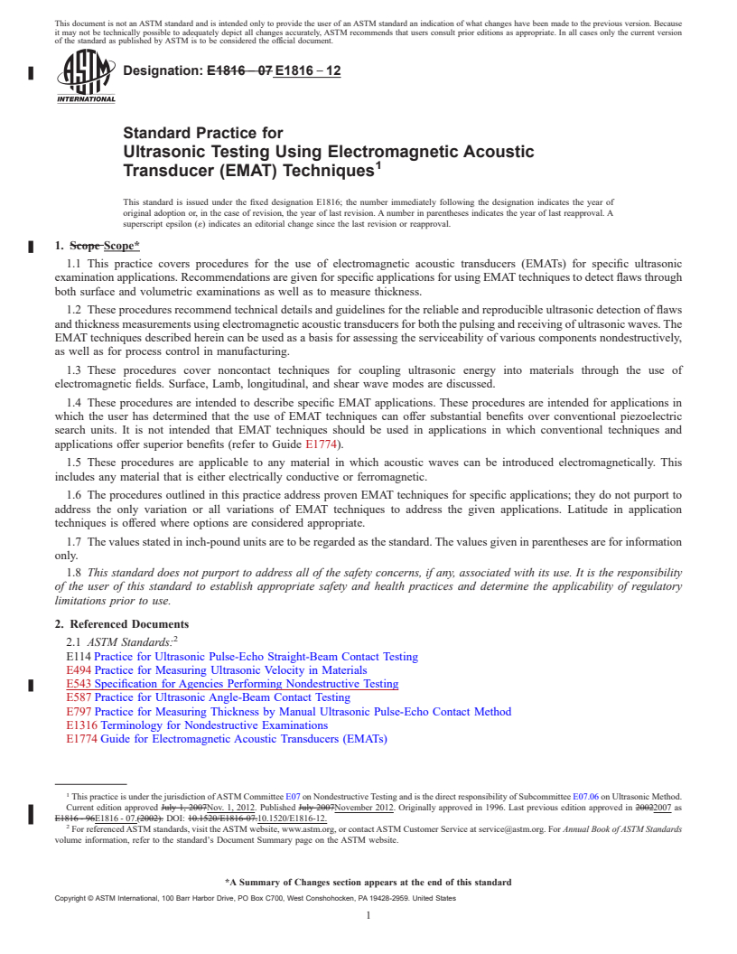 REDLINE ASTM E1816-12 - Standard Practice for  Ultrasonic Testing Using Electromagnetic Acoustic Transducer  (EMAT) Techniques