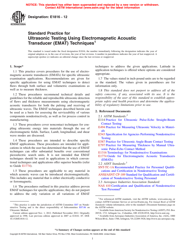 ASTM E1816-12 - Standard Practice for  Ultrasonic Testing Using Electromagnetic Acoustic Transducer  (EMAT) Techniques