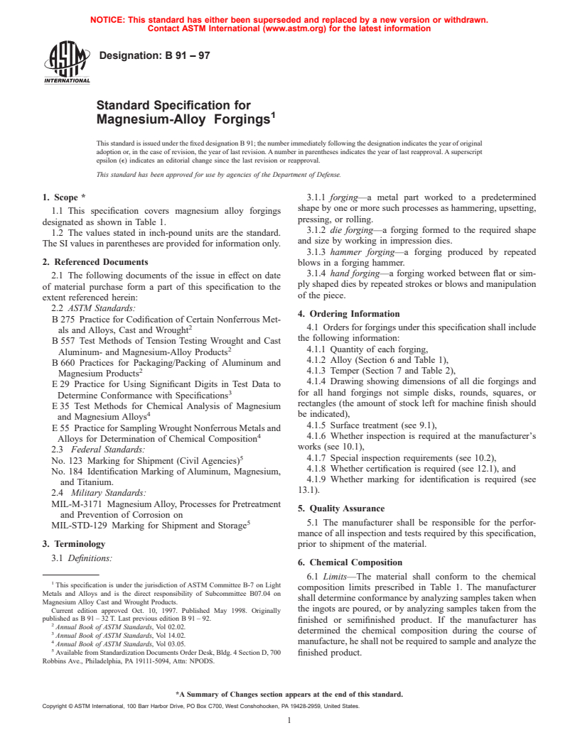 ASTM B91-97 - Standard Specification for Magnesium-Alloy Forgings