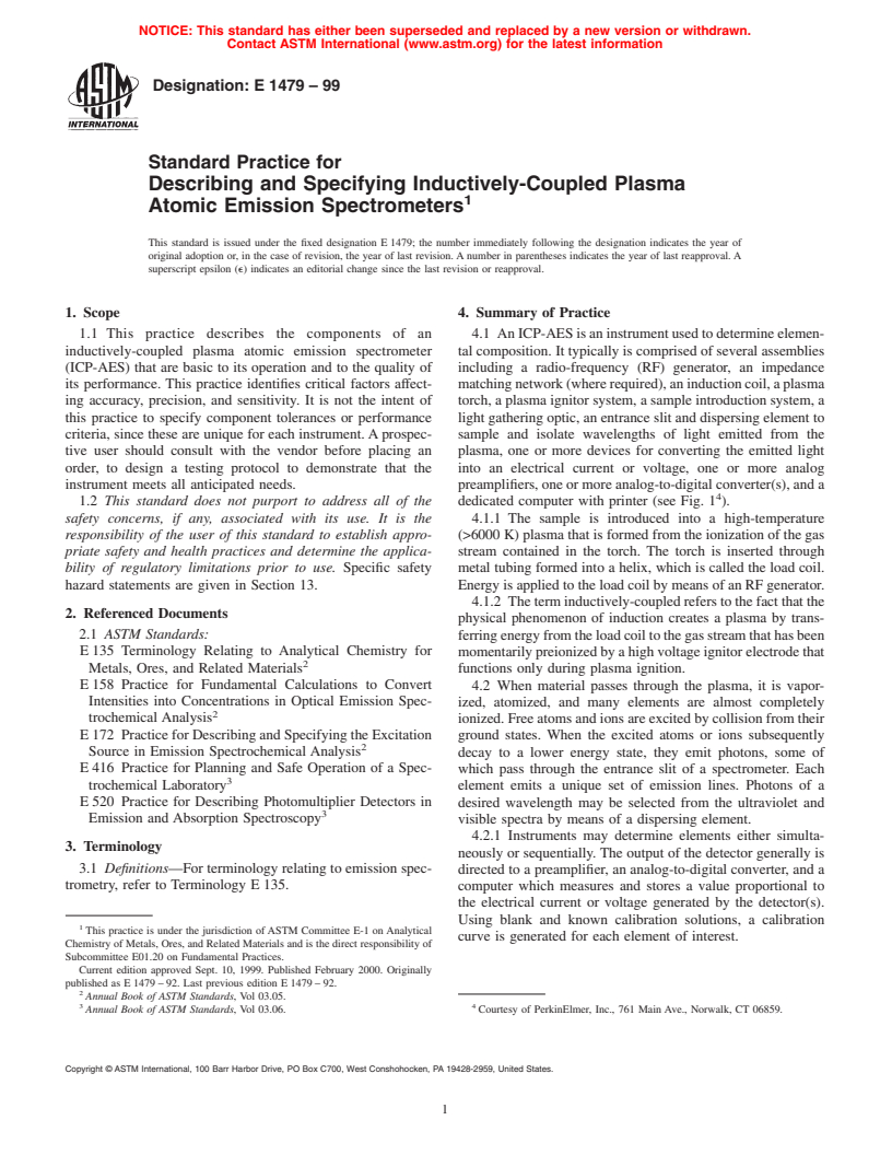 ASTM E1479-99 - Standard Practice for Describing and Specifying Inductively-Coupled Plasma Atomic Emission Spectrometers