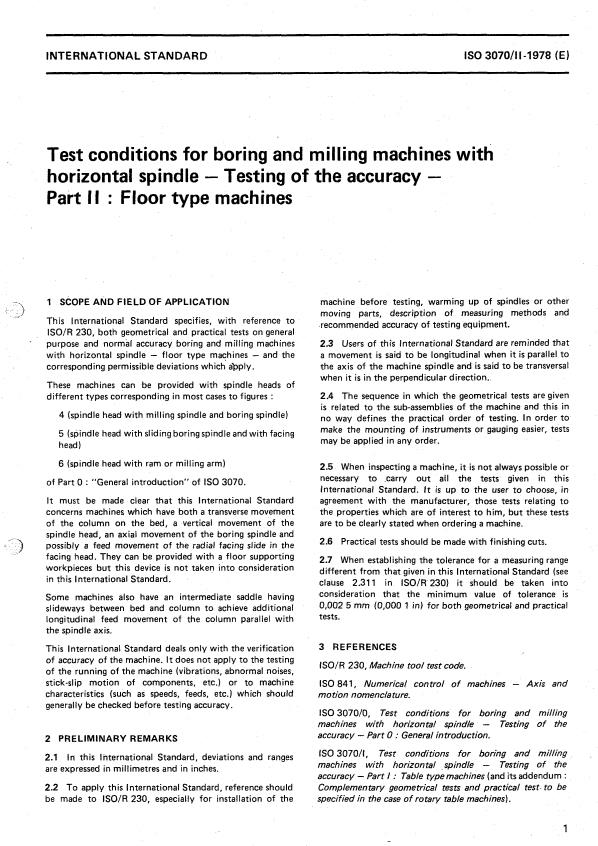 ISO 3070-2:1978 - Test conditions for boring and milling machines with horizontal spindle -- Testing of the accuracy
