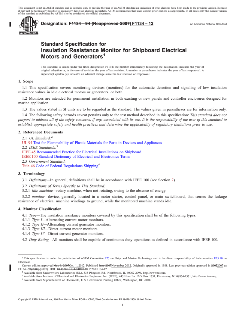 REDLINE ASTM F1134-12 - Standard Specification for  Insulation Resistance Monitor for Shipboard Electrical Motors  and Generators