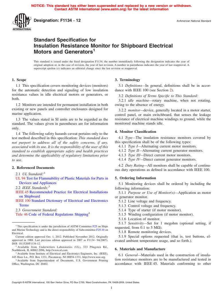 ASTM F1134-12 - Standard Specification for  Insulation Resistance Monitor for Shipboard Electrical Motors  and Generators