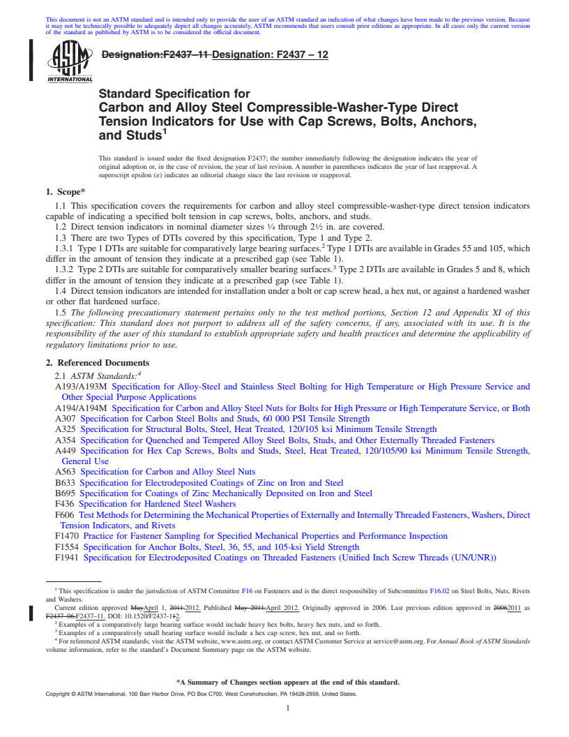 REDLINE ASTM F2437-12 - Standard Specification for  Carbon and Alloy Steel Compressible-Washer-Type Direct Tension  Indicators  for Use with Cap Screws, Bolts, Anchors, and Studs