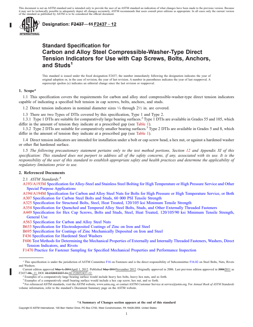 REDLINE ASTM F2437-12 - Standard Specification for  Carbon and Alloy Steel Compressible-Washer-Type Direct Tension  Indicators  for Use with Cap Screws, Bolts, Anchors, and Studs