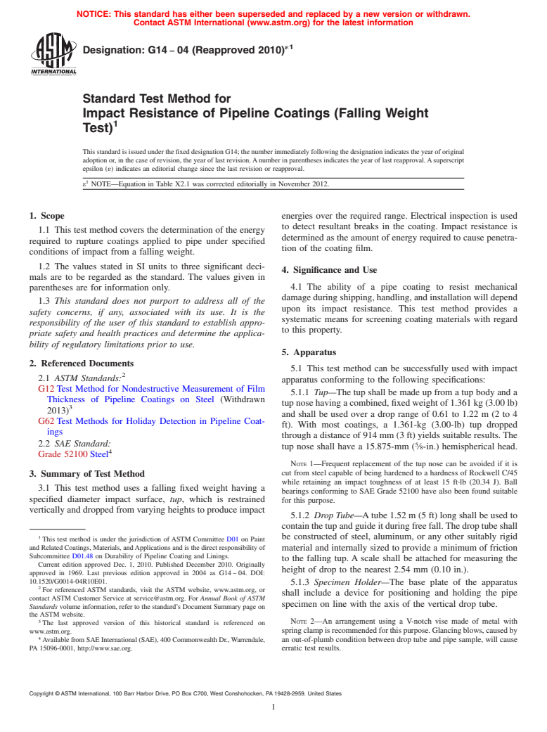 ASTM G14-04(2010)e1 - Standard Test Method for  Impact Resistance of Pipeline Coatings (Falling Weight Test)