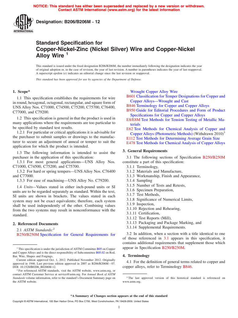 ASTM B206/B206M-12 - Standard Specification for Copper-Nickel-Zinc (Nickel Silver) Wire and Copper-Nickel Alloy Wire