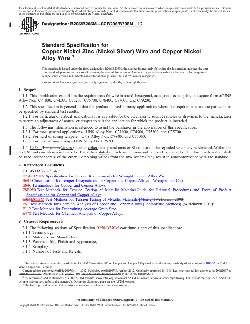 REDLINE ASTM B206/B206M-12 - Standard Specification for Copper-Nickel-Zinc (Nickel Silver) Wire and Copper-Nickel Alloy Wire