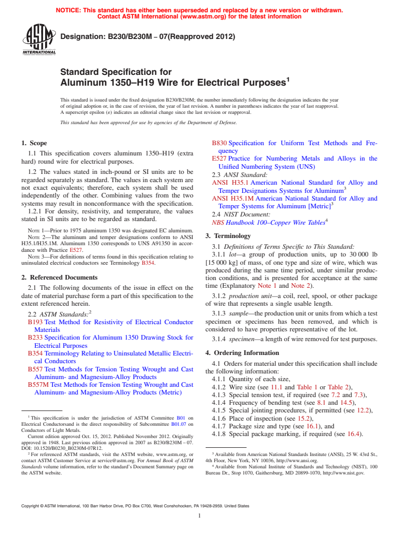 ASTM B230/B230M-07(2012) - Standard Specification for Aluminum 1350&#x2013;H19 Wire for Electrical Purposes