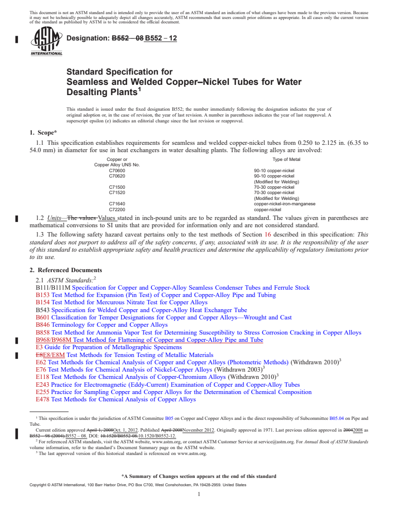 REDLINE ASTM B552-12 - Standard Specification for Seamless and Welded Copper&#x2013;Nickel Tubes for Water Desalting Plants