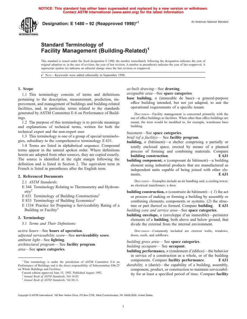 ASTM E1480-92(1998)e1 - Standard Terminology of Facility Management (Building-Related)