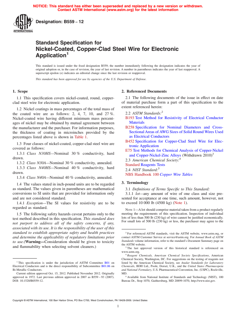 ASTM B559-12 - Standard Specification for Nickel-Coated, Copper-Clad Steel Wire for Electronic Application