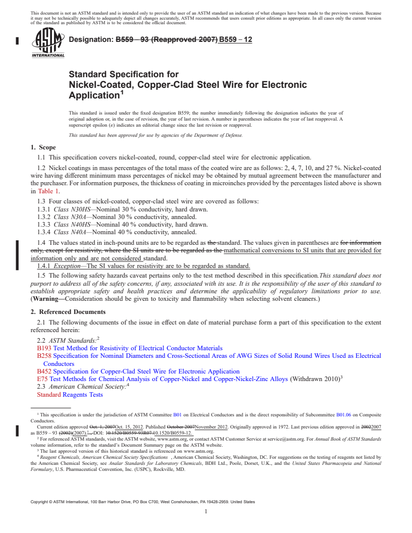 REDLINE ASTM B559-12 - Standard Specification for Nickel-Coated, Copper-Clad Steel Wire for Electronic Application