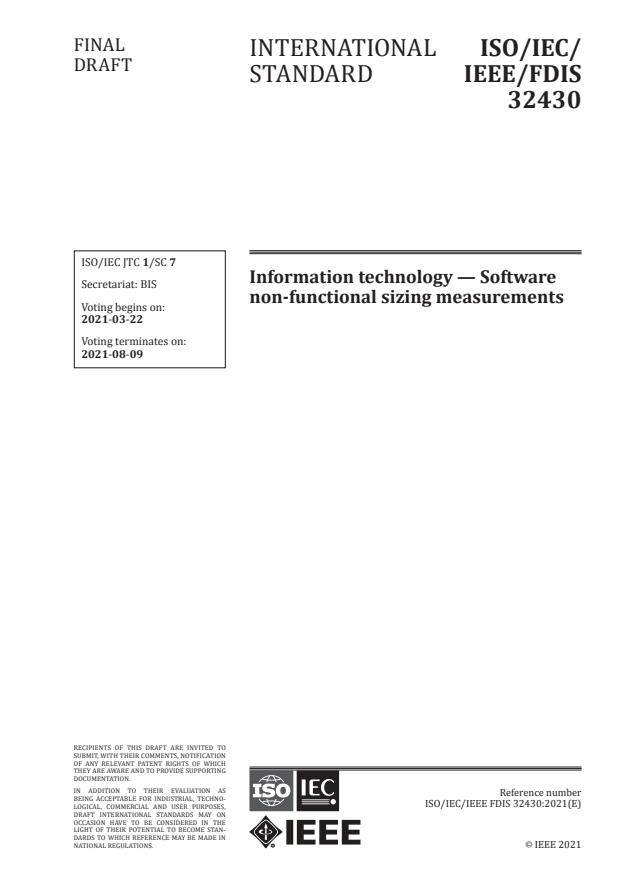 ISO/IEC/IEEE FDIS 32430:Version 20-mar-2021 - Information technology -- Software non-functional sizing measurements