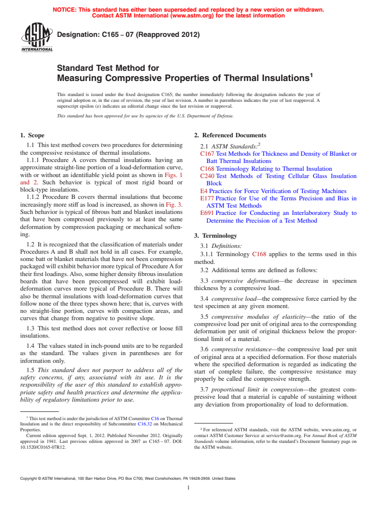 ASTM C165-07(2012) - Standard Test Method for  Measuring Compressive Properties of Thermal Insulations