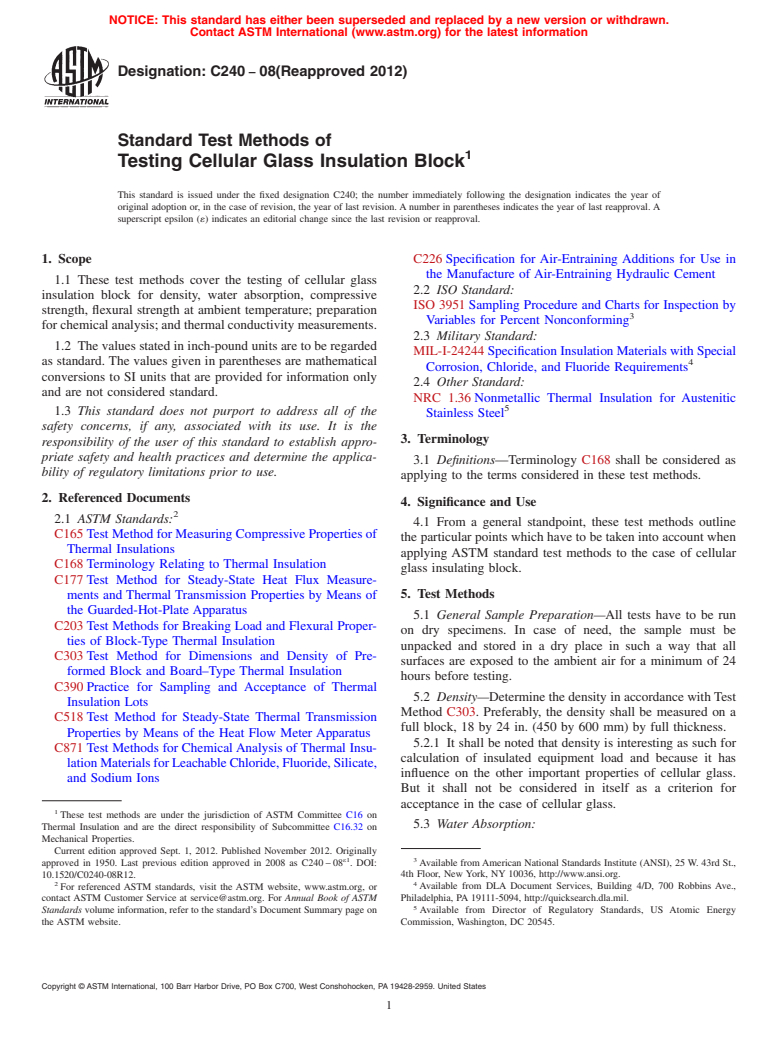 ASTM C240-08(2012) - Standard Test Methods of  Testing Cellular Glass Insulation Block