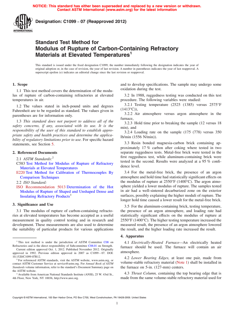 ASTM C1099-07(2012) - Standard Test Method for  Modulus of Rupture of Carbon-Containing Refractory Materials   at Elevated Temperatures