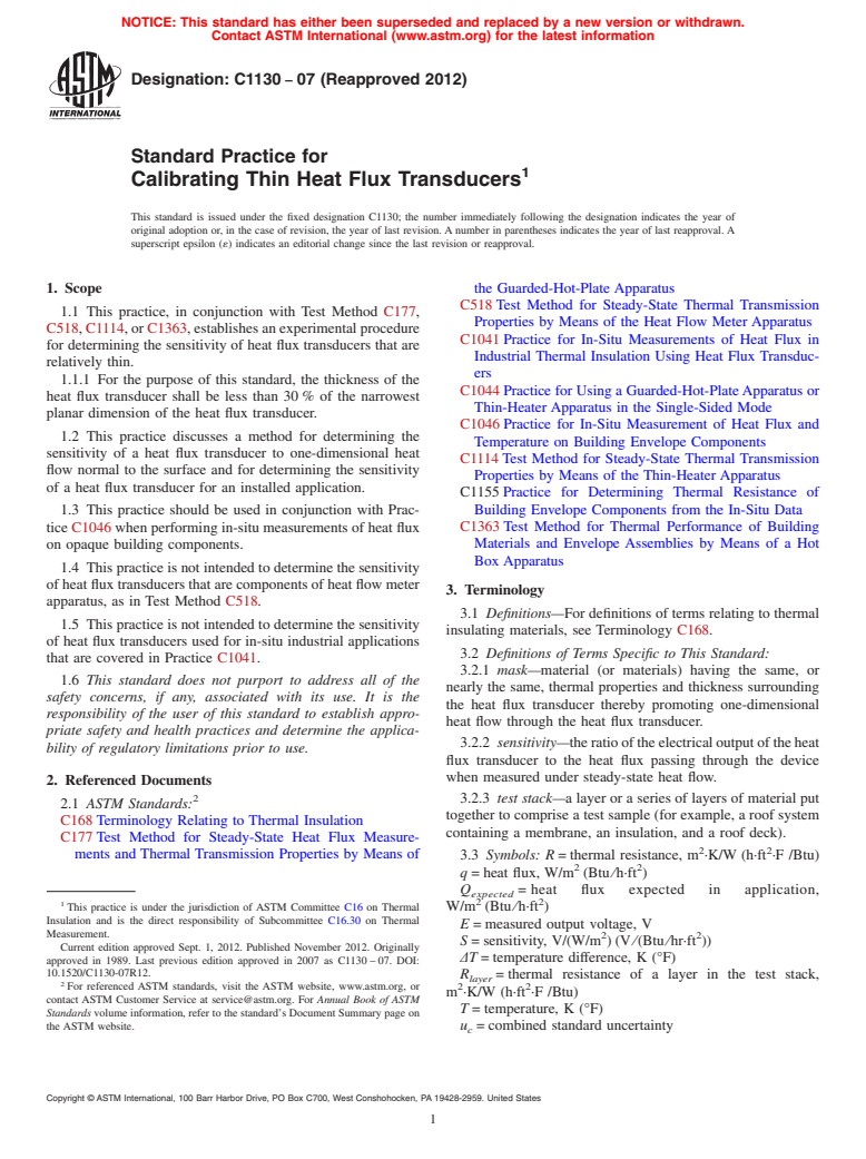 ASTM C1130-07(2012) - Standard Practice for  Calibrating Thin Heat Flux Transducers