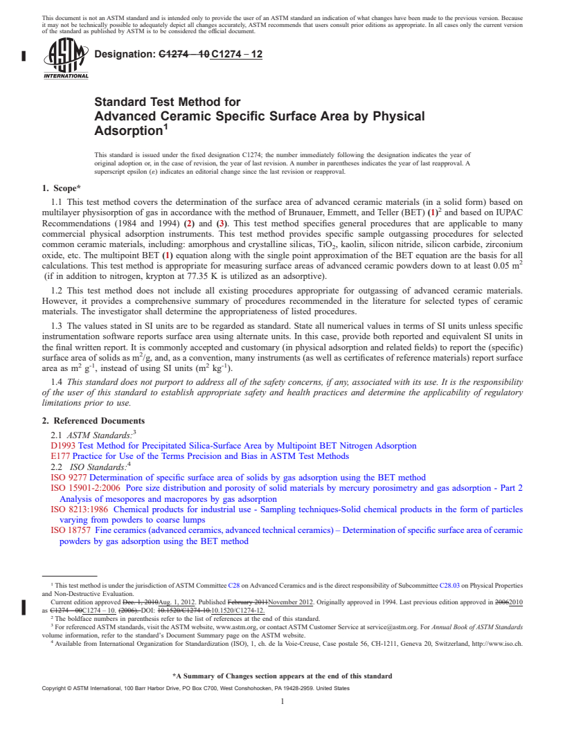 REDLINE ASTM C1274-12 - Standard Test Method for  Advanced Ceramic Specific Surface Area by Physical Adsorption