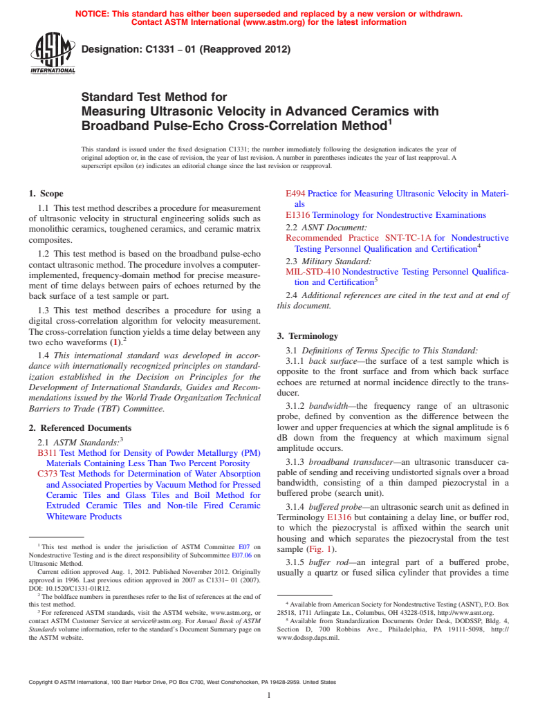 ASTM C1331-01(2012) - Standard Test Method for  Measuring Ultrasonic Velocity in Advanced Ceramics with Broadband  Pulse-Echo Cross-Correlation Method