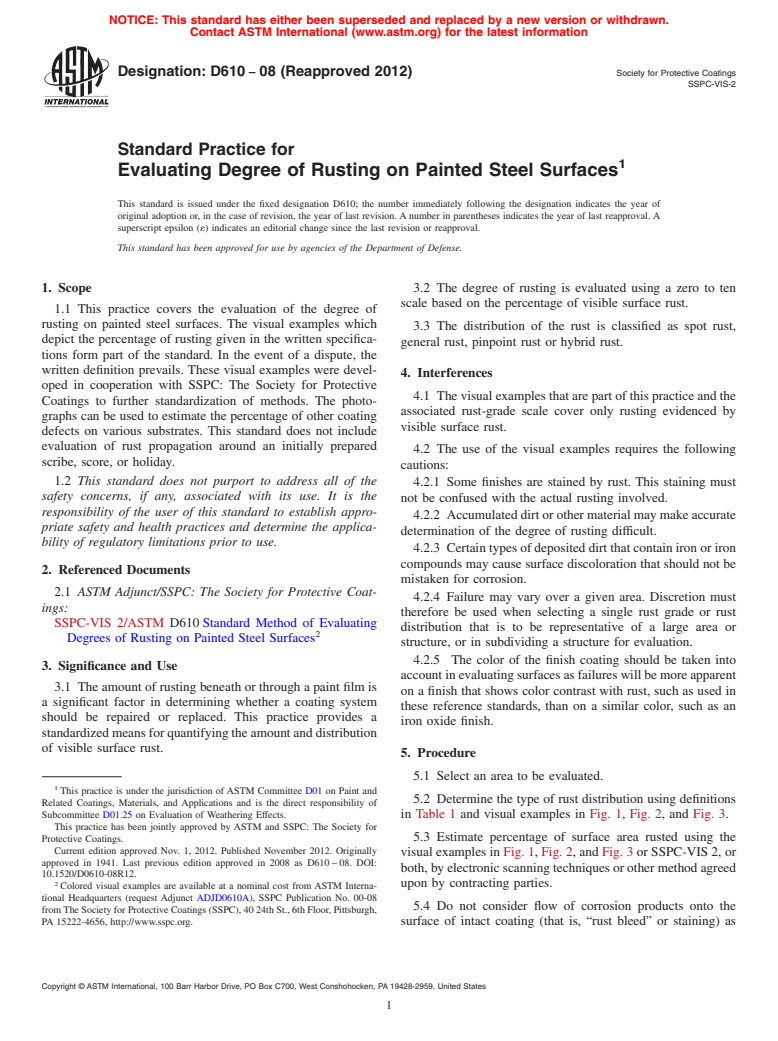 ASTM D610-08(2012) - Standard Practice for  Evaluating Degree of Rusting on Painted Steel Surfaces