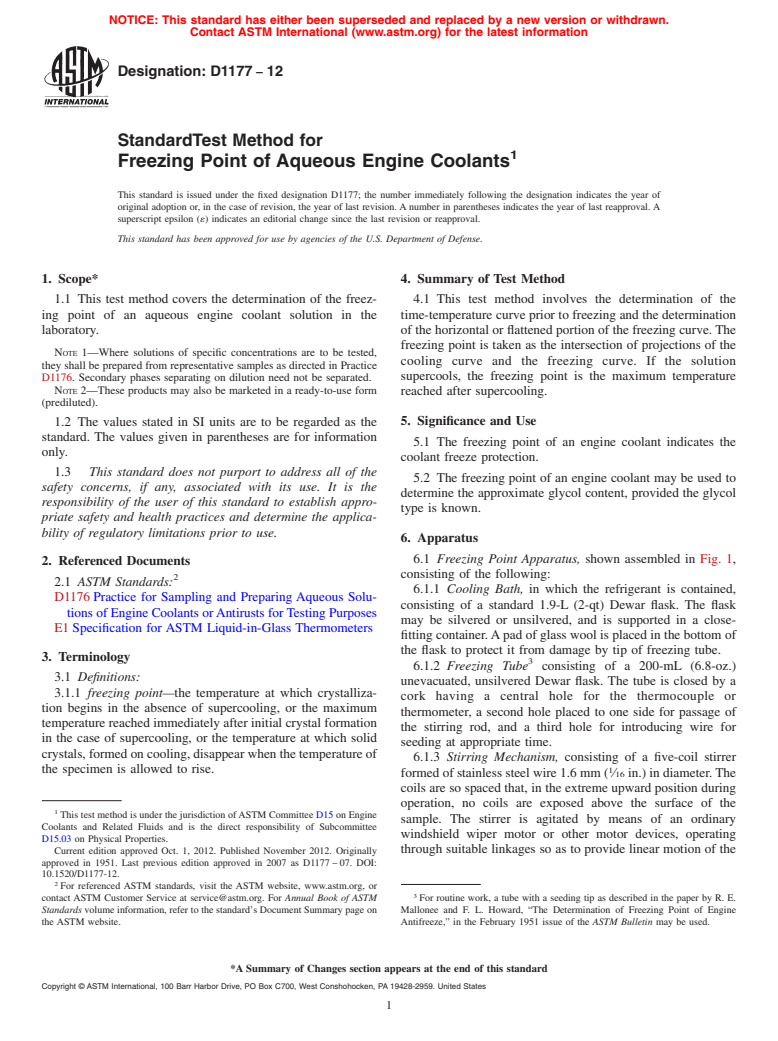ASTM D1177-12 - Standard Test Method for  Freezing Point of Aqueous Engine Coolants
