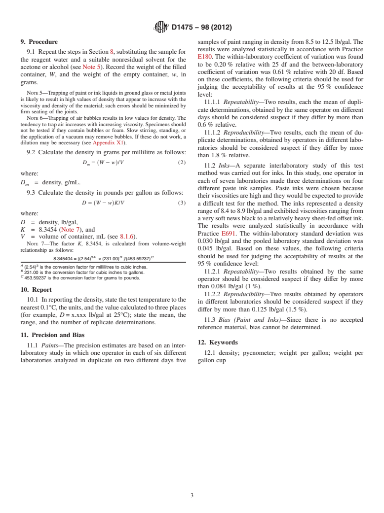 ASTM D1475-98(2012) - Standard Test Method For  Density of Liquid Coatings, Inks, and Related Products