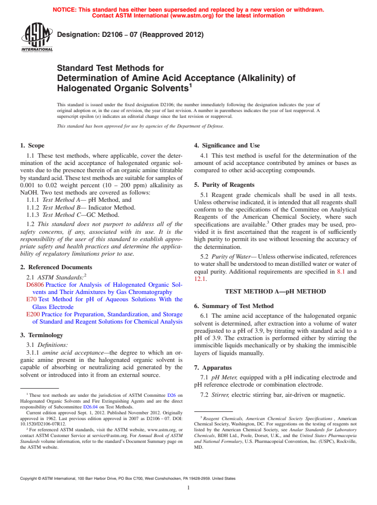 ASTM D2106-07(2012) - Standard Test Methods for  Determination of Amine Acid Acceptance (Alkalinity) of Halogenated  Organic Solvents