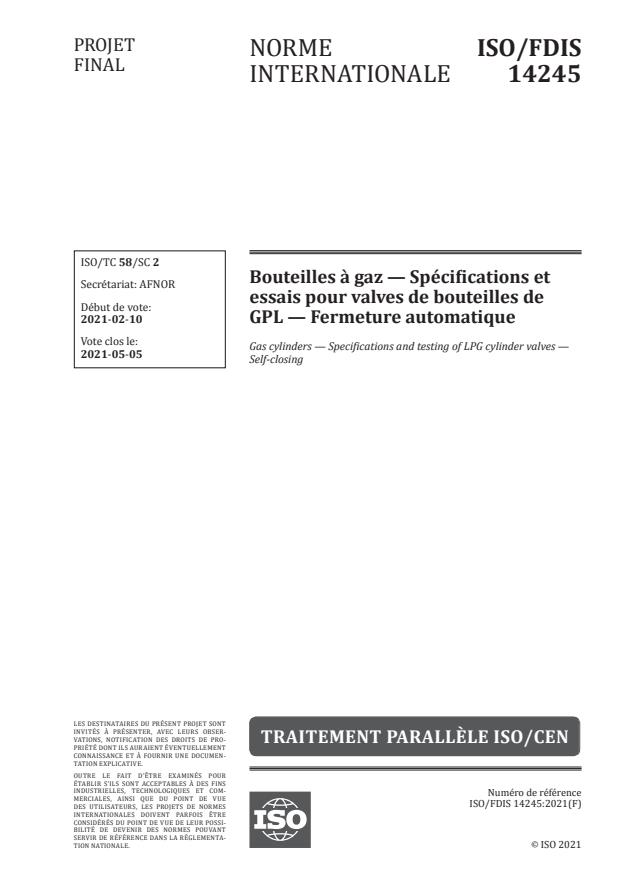 ISO/FDIS 14245:Version 20-feb-2021 - Bouteilles a gaz -- Spécifications et essais pour valves de bouteilles de GPL -- Fermeture automatique