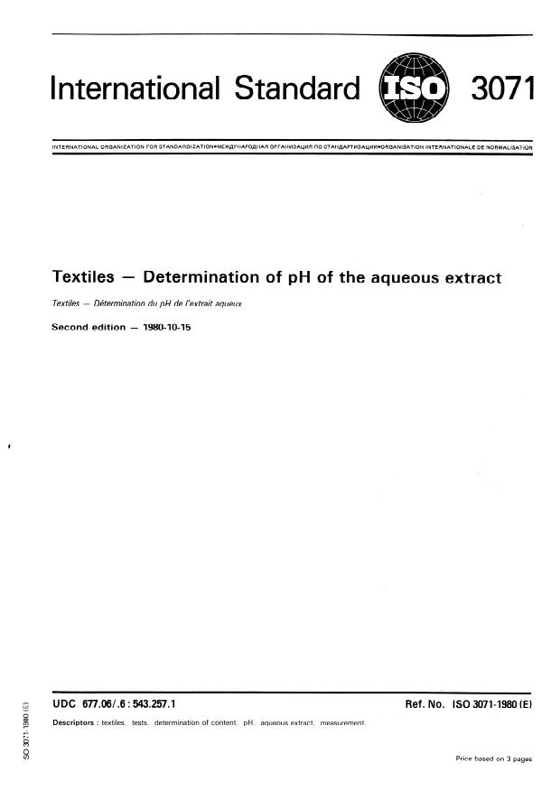 ISO 3071:1980 - Textiles -- Determination of pH of the aqueous extract