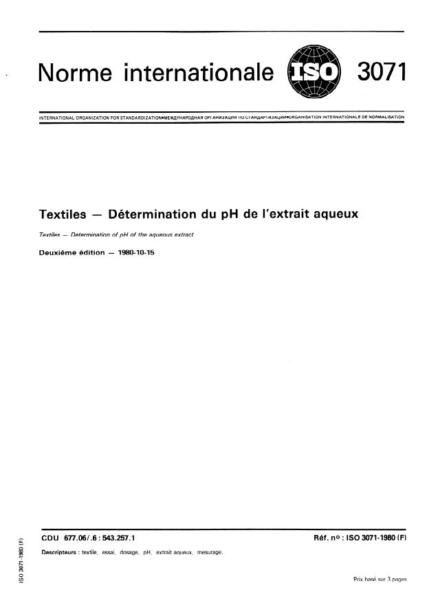 ISO 3071:1980 - Textiles -- Détermination du pH de l'extrait aqueux