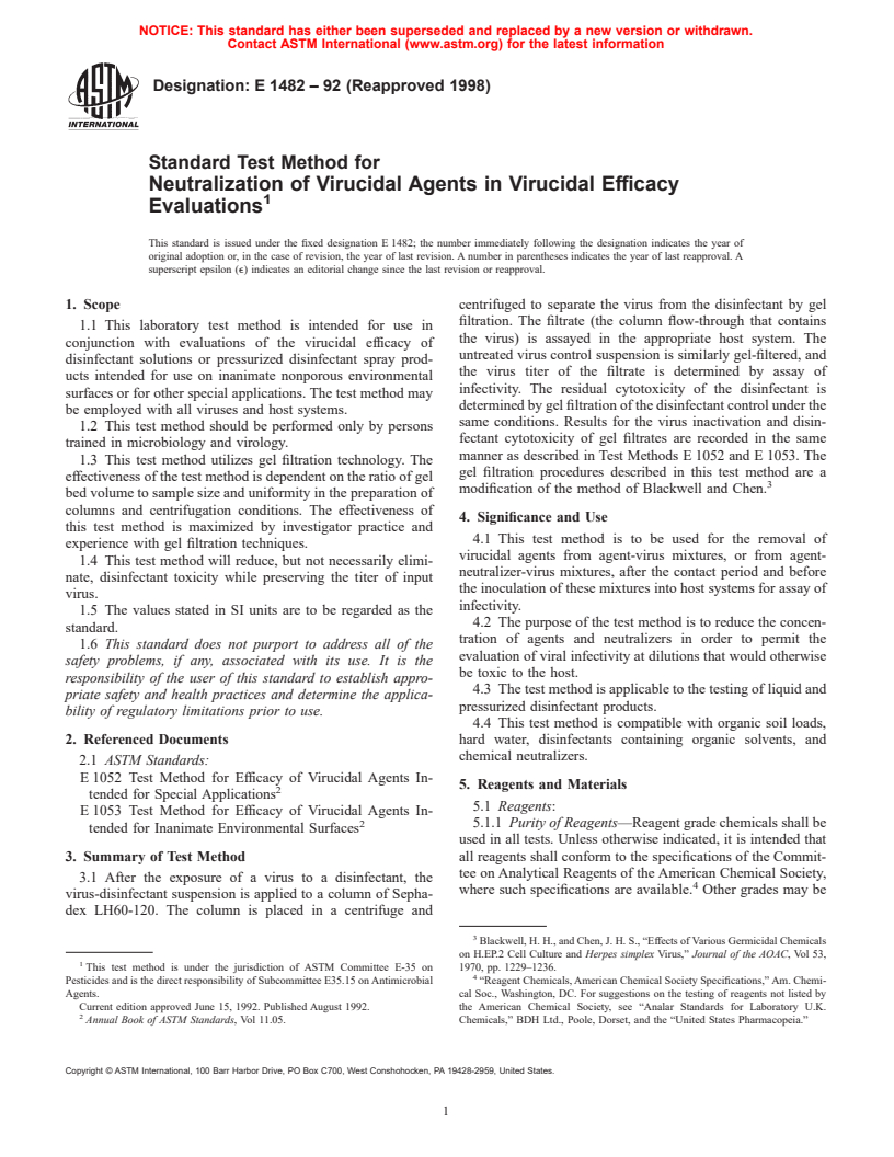 ASTM E1482-92(1998) - Standard Test Method for Neutralization of Virucidal Agents in Virucidal Efficacy Evaluations