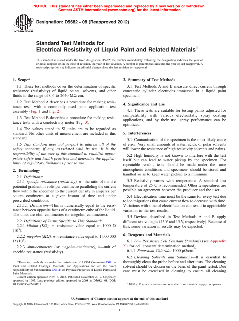 ASTM D5682-08(2012) - Standard Test Methods for  Electrical Resistivity of Liquid Paint and Related Materials