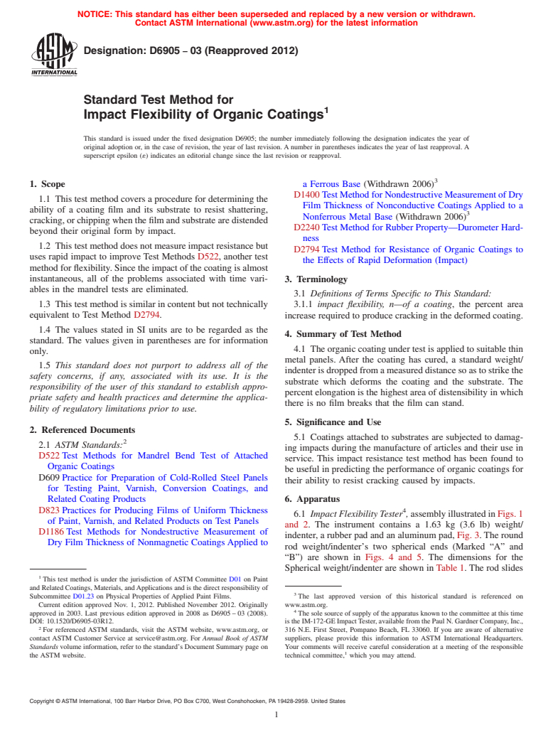 ASTM D6905-03(2012) - Standard Test Method for  Impact Flexibility of Organic Coatings