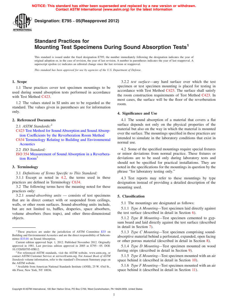 ASTM E795-05(2012) - Standard Practices for  Mounting Test Specimens During Sound Absorption Tests