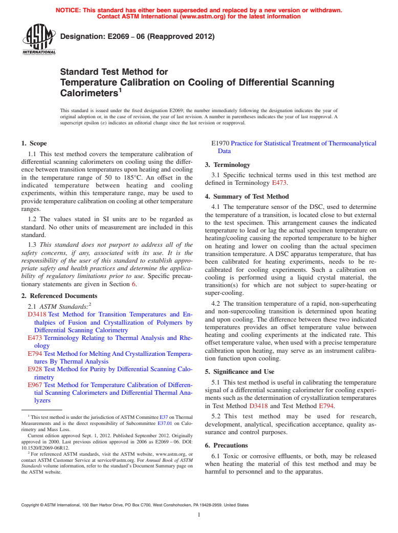 ASTM E2069-06(2012) - Standard Test Method for  Temperature Calibration on Cooling of Differential Scanning  Calorimeters