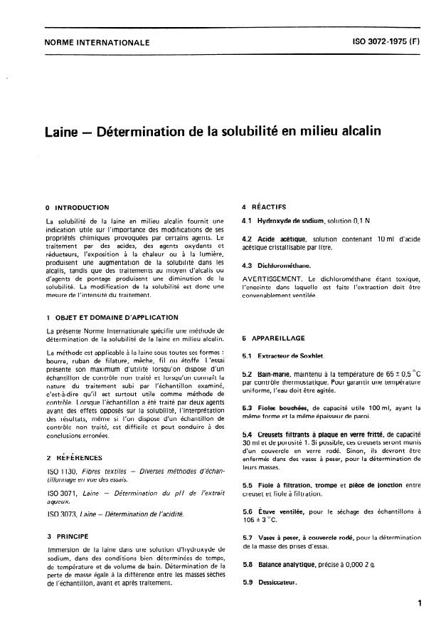 ISO 3072:1975 - Laine -- Détermination de la solubilité en milieu alcalin