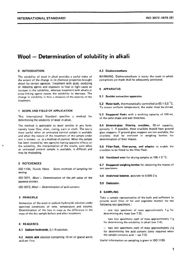 ISO 3072:1975 - Wool -- Determination of solubility in alkali