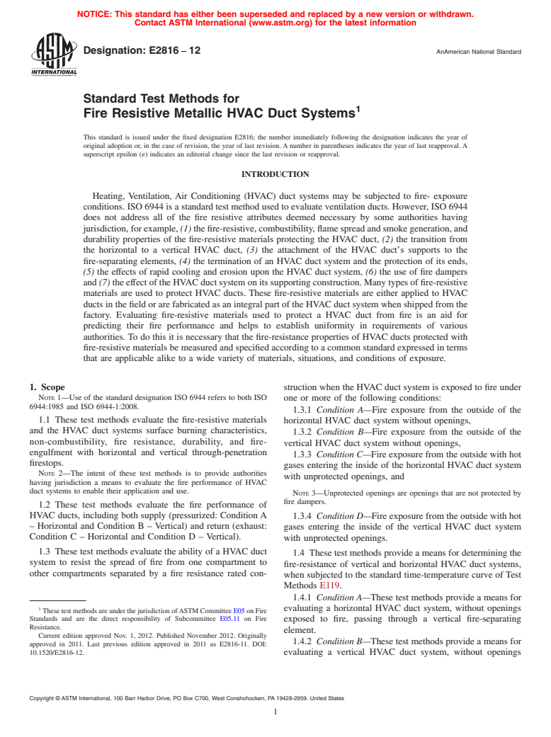 ASTM E2816-12 - Standard Test Methods for  Fire Resistive Metallic HVAC Duct Systems