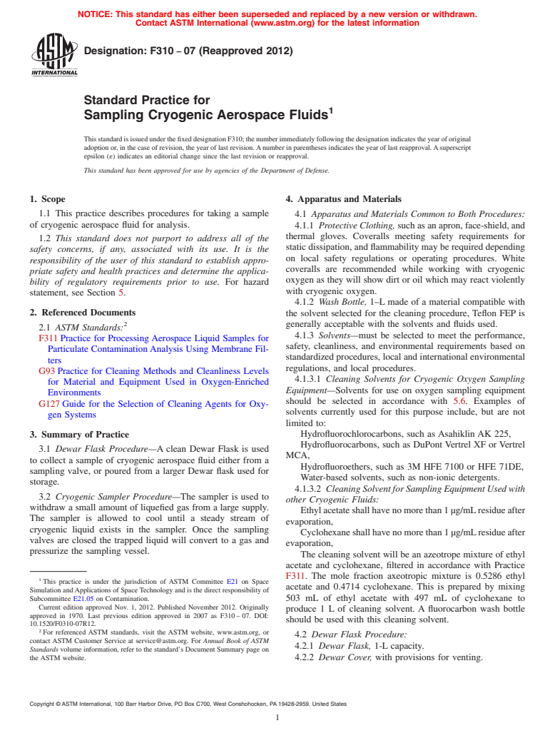 ASTM F310-07(2012) - Standard Practice for  Sampling Cryogenic Aerospace Fluids