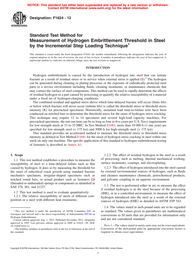 ASTM F1624-12 - Standard Test Method for  Measurement of Hydrogen Embrittlement Threshold in Steel by  the Incremental Step Loading Technique